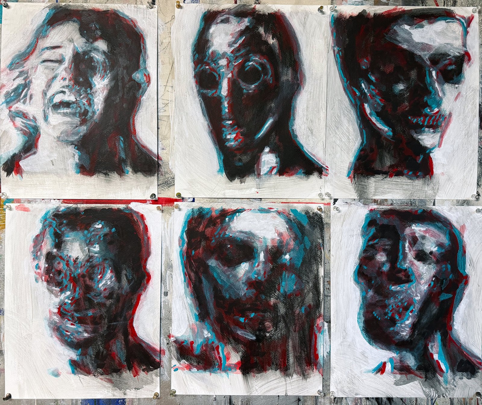 Christo Allegra, Club Kids 3D Anaglyph: six painted heads in red, cyan and black
